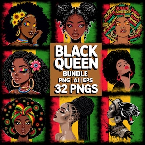May include: A digital art bundle showcasing illustrations of Black women with diverse hairstyles and accessories. The artwork is set against a backdrop of green, yellow, and red, with the text "BLACK QUEEN BUNDLE" and "32 PNGS".