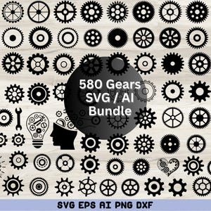 Pode incluir: Uma coleção de 580 designs de engrenagens pretas em vários estilos. A imagem inclui uma chave inglesa, uma lâmpada com engrenagens e uma silhueta de cabeça humana com engrenagens no interior. O texto diz "580 Gears SVG/AI Bundle" e "SVG EPS AI PNG DXF".