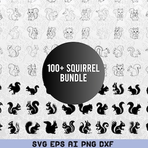 Könnte beinhalten: Eine Sammlung von Eichhörnchen-Illustrationen in verschiedenen Stilen, darunter Strichzeichnungen und Silhouetten. Der Text "100+ SQUIRREL BUNDLE" ist in einem schwarzen Kreis enthalten.