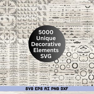 メガ5000装飾要素SVGバンドル、装飾ボーダー仕切り装飾渦巻き、テキスト仕切り矢印ウェディングクリカットシルエットPNG DXF