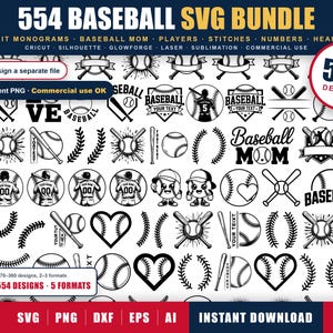 May include: A digital collection of 554 baseball-themed graphic designs in black and white. The bundle includes illustrations of baseballs, bats, players, hearts, and stitching patterns, with text elements like BASEBALL SVG BUNDLE and 554 DESIGNS.