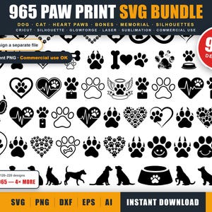 May include: A digital collection of 965 black and white graphic designs featuring paw prints, hearts, bones, and dog silhouettes. The bundle includes various file formats like SVG, PNG, DXF, EPS, and AI for use in crafting, laser cutting, and sublimation projects.