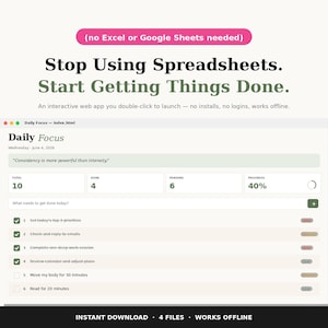 May include: A digital planner interface with the text "Stop Using Spreadsheets. Start Getting Things Done." The planner shows a to-do list with progress indicators. The text "Instant Download" is at the bottom.