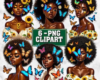 Schwarze Frau Clipart PNG Bundle | Afro-Mode Porträts Lockiges Haar Clipart | Melanin Königin Afrikanische Frau | Sofort Download