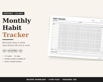 Monatlicher Habit Tracker druckbares & ausfüllbares PDF | A4, Letter, A5 Querformat | Schwarz und Weiß | 30 Tage Gewohnheit Herausforderung | Sofortdownload