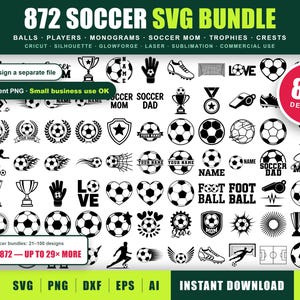 May include: A digital collection of 872 black and white soccer-themed graphic designs, including soccer balls, trophies, player silhouettes, cleats, and text elements like Soccer Mom and Soccer Dad, presented as an SVG bundle for download.