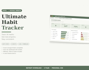 Ultimative Habit Tracker Tabelle | Excel + Google Sheets | Auto Dashboard, Streifen, Wellness, Ziele | 9 Motivbögen 4 Themen | Sofort Download