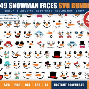 May include: A digital collection of 449 snowman faces in an SVG bundle, featuring various expressions, orange carrot noses, hats, and bow ties. The graphic includes text reading 449 SNOWMAN FACES SVG BUNDLE, Transparent PNG included, and 449 DESIGNS.