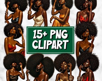 Elegante schwarze Frau Clipart PNG Bündel | Lockiges Haar Mode Porträts Lockiges Haar Clipart | Melanin Königin Afrikanische Frau | Sofort Download