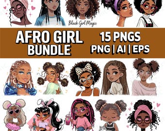 15 Cute Afro Girl Clipart Bundle, Black Girl PNG, African American Girl Graphics, Fashionable Girl Clipart, Digital Download, AI EPS Png