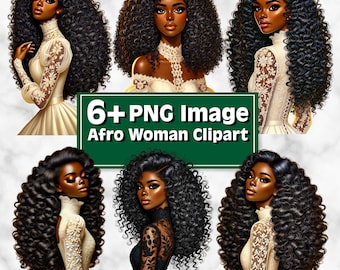 Elegante schwarze Frau Clipart PNG Bündel | Lockiges Haar Mode Porträts Clipart | Melanin Königin Afrikanische Frau | Sofort Download
