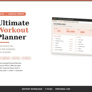 May include: Digital workout planner with a dashboard showing exercise data. The title "Ultimate Workout Planner" is in large, bold letters with the text "Track every set. See real progress. Train smarter." below it. Includes 200+ exercises, auto PRs, and 14 sheets.