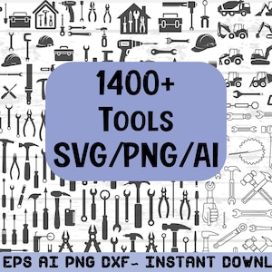 Puede incluir: Una ilustración de más de 1400 herramientas en formatos SVG, PNG y AI. La imagen presenta siluetas de diversas herramientas, como martillos, llaves y maquinaria de construcción, con el texto "1400+ TOOLS SVG/PNG/AI".
