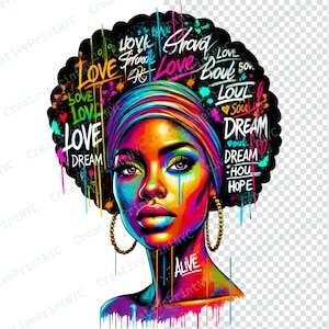 Può includere: Ritratto di arte digitale vibrante di una donna con tonalità della pelle colorate e un copricapo. L'immagine presenta le parole "Love", "Dream" e "Alive". Orecchini a cerchio dorati e un afro nero completano il look.