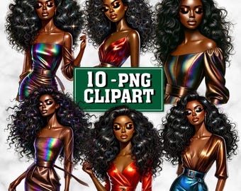 Elegante schwarze Frau Clipart PNG Bündel | Mode Porträts Lockiges Haar Clipart | Melanin Königin Afrikanische Frau | Sofort Download