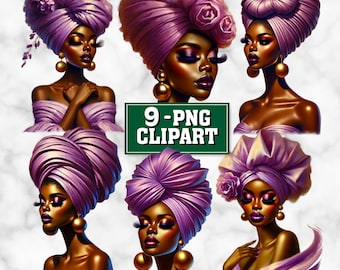 Pacchetto di clipart PNG di donna nera elegante / Ritratti di moda con capelli ricci / Regina di melanina, donna africana / Download immediato
