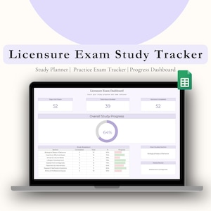 May include: A laptop displays a "Licensure Exam Study Tracker" dashboard. The screen shows study progress, including days until the exam, total hours studied, and sections completed. The overall study progress is at 64%.