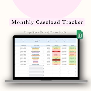 Może przedstawiać: Ekran laptopa wyświetla arkusz kalkulacyjny "Monthly Caseload Tracker". Arkusz kalkulacyjny zawiera kolumny dla częstotliwości, obszaru zainteresowania, kwoty, płatności, czasu trwania i statusu. Tekst "Drop-Down Menus | Customizable" znajduje się powyżej.