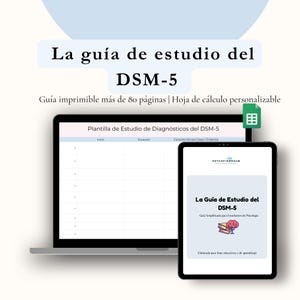 Könnte beinhalten: Ein Laptop und ein Tablet zeigen einen Studienführer für das DSM-5. Der Leitfaden trägt den Titel "La guía de estudio del DSM-5" und enthält einen druckbaren Leitfaden mit über 80 Seiten und eine anpassbare Tabelle. Das Tablet zeigt das Cover des Leitfadens.