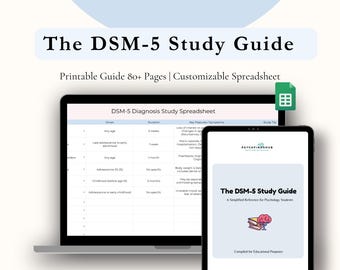 May include: A laptop and tablet display a study guide titled "The DSM-5 Study Guide." The laptop screen shows a spreadsheet with medical terms. The tablet displays the guide's cover with a brain and book graphic. The guide is for psychology students.