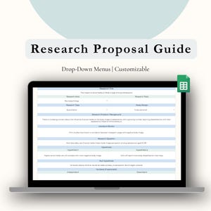 Könnte beinhalten: Ein Laptop zeigt eine Forschungsleitfaden mit Dropdown-Menüs und anpassbaren Funktionen. Der Bildschirm zeigt eine Vorlage mit Abschnitten für Forschungstitel, Bereich, Typ und Studiendesign. Der Text "Research Proposal Guide" steht oben.