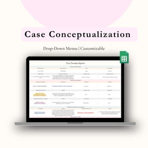 Może przedstawiać: Laptop wyświetla formularz "Koncepcjonalizacja przypadku" z rozwijanymi menu i polami do dostosowania. Ekran pokazuje tabelę z informacjami o kliencie, prezentowanymi problemami i czynnikami ochronnymi. Zielona ikona arkusza kalkulacyjnego znajduje się w prawym górnym rogu.