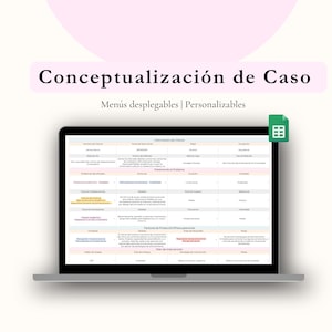 Könnte beinhalten: Ein Laptop, der eine Tabelle mit dem Titel "Conceptualización de Caso" in einem rosa Banner anzeigt. Die Tabelle hat mehrere Spalten und Zeilen mit spanischem Text. Der Laptop steht auf einer weißen Oberfläche.