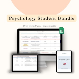 May include: A digital psychology student bundle with a desktop computer, laptop, and tablet displaying study guides and spreadsheets. The text reads "Psychology Student Bundle" and "Drop-Down Menus | Customizable". A green icon is in the upper right corner.