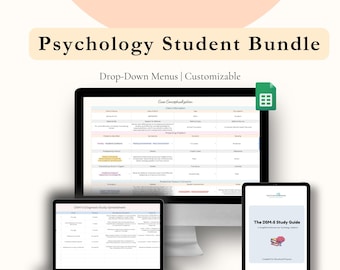 May include: A digital psychology student bundle with a desktop computer, laptop, and tablet displaying study guides and spreadsheets. The text reads "Psychology Student Bundle" and "Drop-Down Menus | Customizable". A green icon is in the upper right corner.