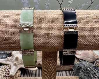 Burmese Jade or Black Onyx Sterling Silver Bracelet: Wide Flat Link/AURORA COLLECTION