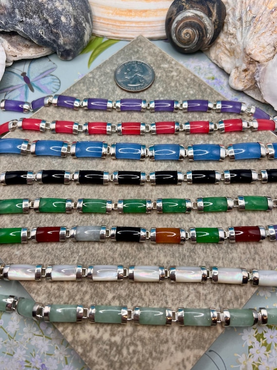 Flat Jade Link Bracelet/Solid Sterling Silver Bur… - image 3
