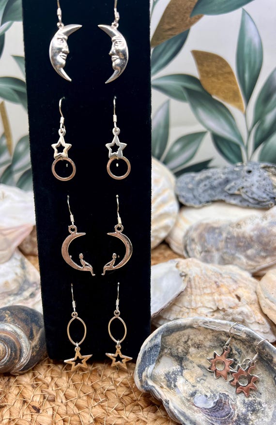 Sterling Silver Celestial Earrings, Moon Face, Su… - image 1