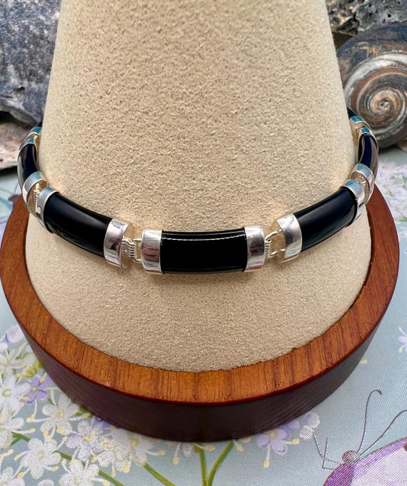 Flat Jade Link Bracelet/Solid Sterling Silver Bur… - image 8