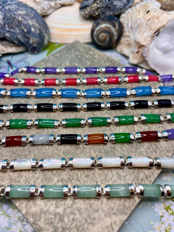 Flat Jade Link Bracelet/Solid Sterling Silver Bur… - image 2