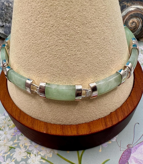 Flat Jade Link Bracelet/Solid Sterling Silver Bur… - image 12