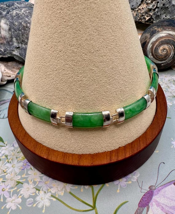 Flat Jade Link Bracelet/Solid Sterling Silver Bur… - image 9