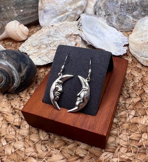 Sterling Silver Celestial Earrings, Moon Face, Su… - image 3