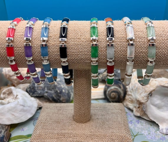 Flat Jade Link Bracelet/Solid Sterling Silver Bur… - image 1