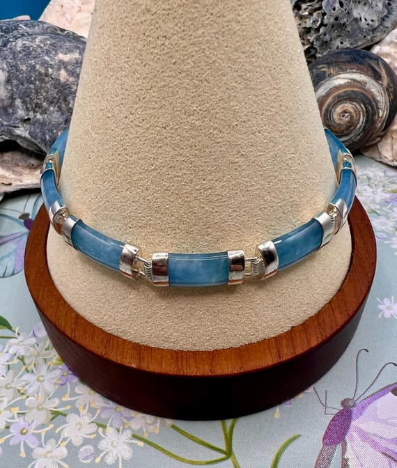 Flat Jade Link Bracelet/Solid Sterling Silver Bur… - image 6