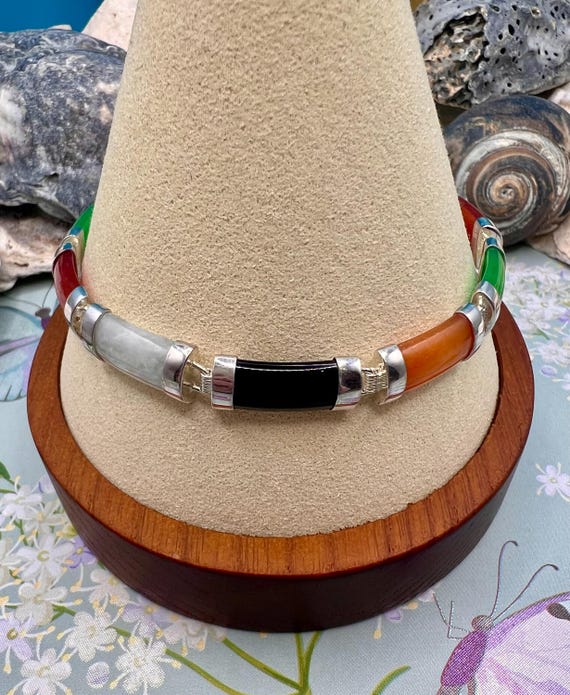 Flat Jade Link Bracelet/Solid Sterling Silver Bur… - image 10