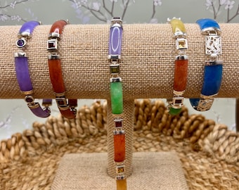Gemstone/Dragon Accent Jade Bar Link Bracelet/Solid Sterling Silver .925/AURORA COLLECTION