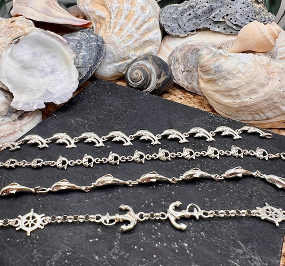 Solid Sterling Silver Nautical Dolphin Bracelets/… - image 1