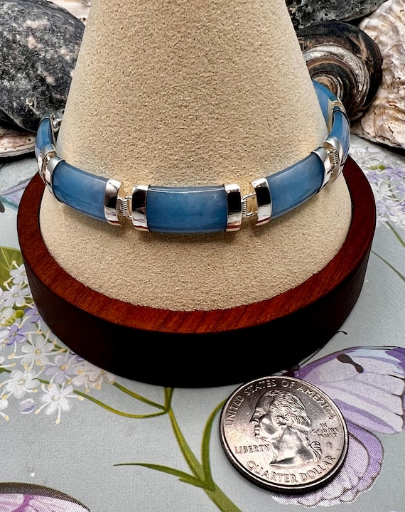 Flat Jade Link Bracelet/Solid Sterling Silver Bur… - image 7