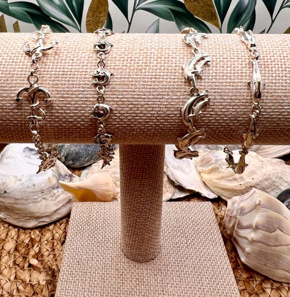 Solid Sterling Silver Nautical Dolphin Bracelets/… - image 2
