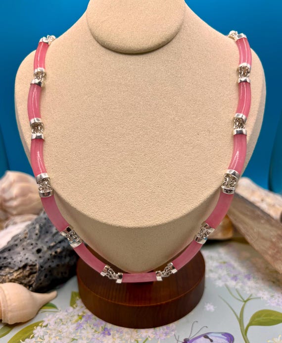 Flat Curved Pink Jade Link Necklace/Burmese Jade/Solid Sterling Silver/AURORA COLLECTION