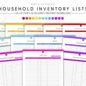 Op de afbeelding: Printbare huishoudelijke inventarislijsten in verschillende kleuren. De tekst luidt "HOUSEHOLD INVENTORY LISTS" met "US LETTER 13 COLORS INSTANT DOWNLOAD" eronder. Categorieën zijn onder meer "Keukenvoorraad" en "EHBO".