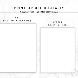 May include: Two white rectangular sheets of paper, labeled A4 (8.27 x 11.69 inches) and Letter (8.5 x 11 inches), are displayed. The text "PRINT OR USE DIGITALLY" and "A4 & LETTER &bull; INSTANT DOWNLOAD" are at the top. A pen with a diamond-shaped top is on the right.