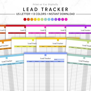 May include: A collection of colorful lead tracker templates. Each template features a header with the words "Lead Tracker" and fields for name, phone, email, attempts, source, and notes. The templates come in various colors, including orange, red, pink, and purple.