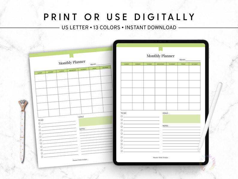 May include: A digital monthly planner displayed on a tablet and printed paper. The planner features a grid layout for each day of the week, with sections for to-do lists, goals, and notes. The text "PRINT OR USE DIGITALLY" is at the top.