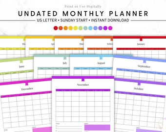 May include: An undated monthly planner with pages for each month, including January, February, March, April, May, June, July, August, September, October, November, and December. The planner is US Letter size and starts on Sunday. The pages have a colourful header.